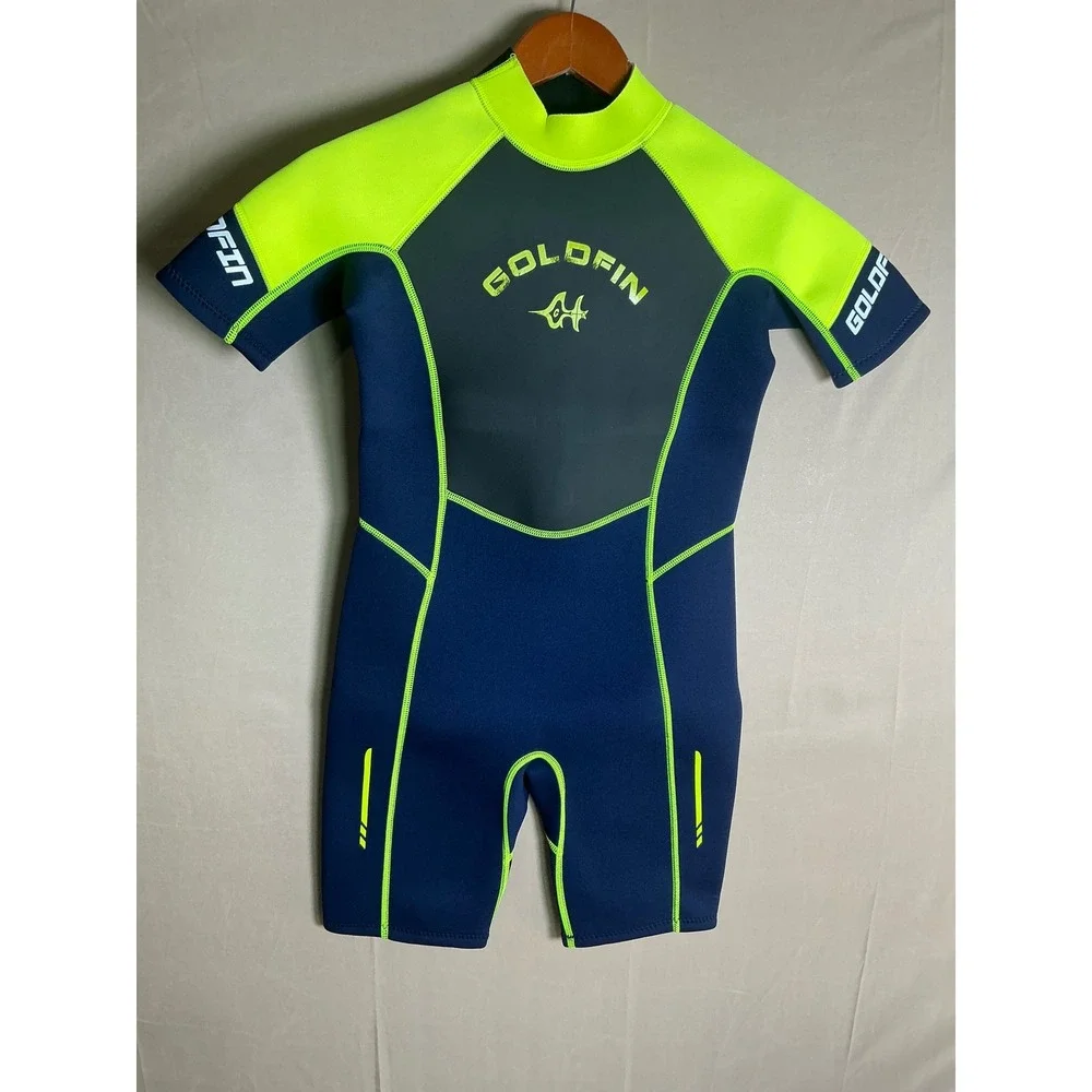 Goldfin Kids 14  Wetsuit 3mmNeoprene Shorty Spring Suit Navy Neon Yellow Size 14